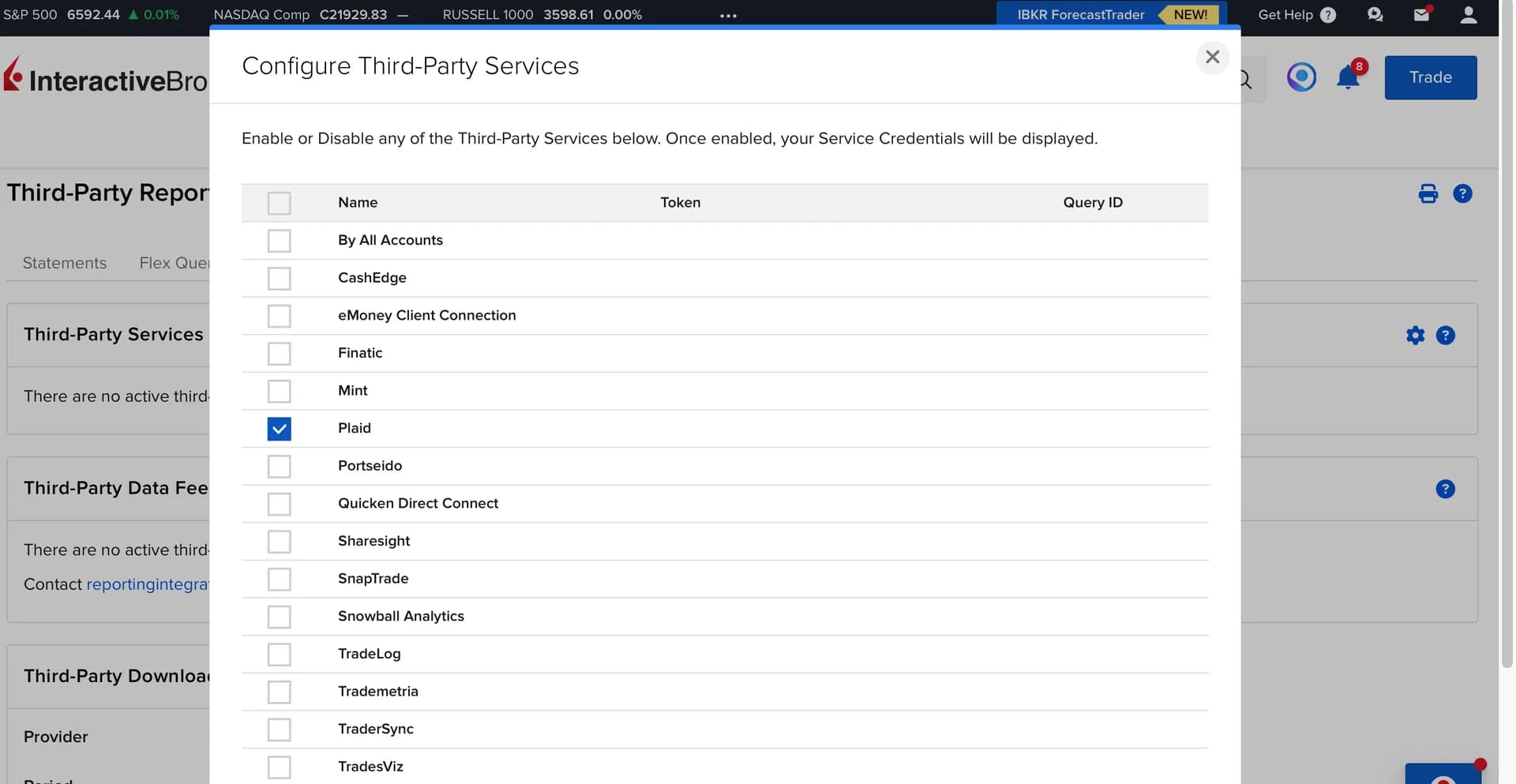 Вікно Configure Third-Party Services з увімкненим сервісом Plaid